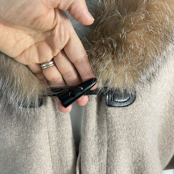 Mitchie's 100%Wool Hooded Poncho Cape Fox Fur Trim Beige Tan Coat - Picture 3 of 16